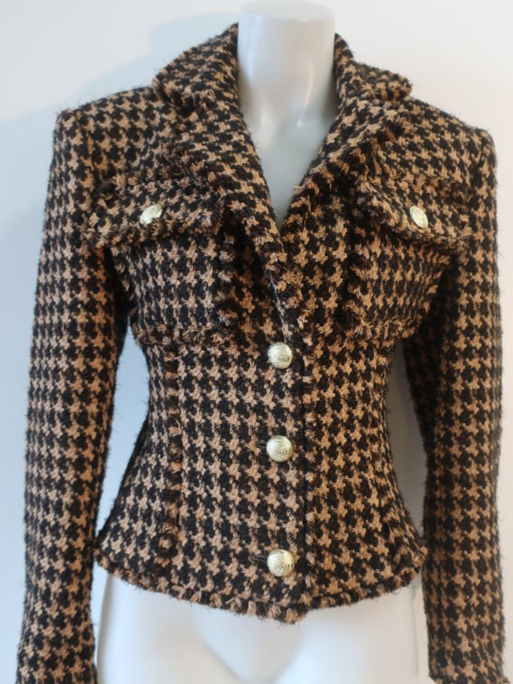 Women Ronny Kobo Janice Blk Chocolate Camel (Item-41) Houndstooth Tweed Blazer S